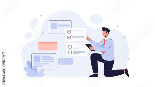 Man reviewing checklist on tablet, project management, efficient workflow illustration