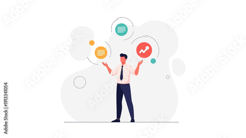 Businessman juggling business icons, data, finance, and strategy