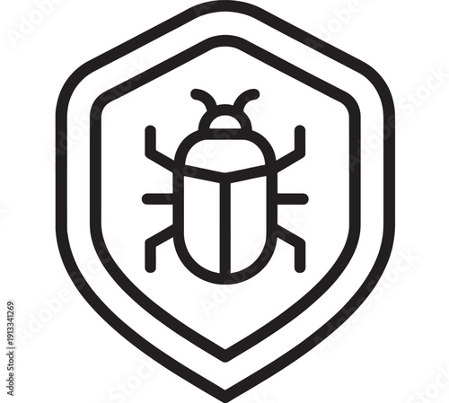 Bug icon inside shield outline symbolizing cybersecurity protection, malware detection, vulnerability scanning and secure software development in minimal line style