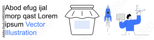 Innovation, education, discovery, science, creativity, design. Jar, blue rocket person with book and graph. Innovation and education concept blending science and creativity