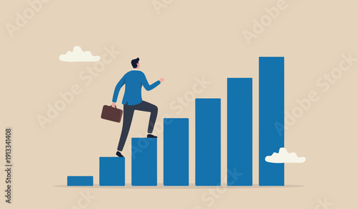 Career advancement, development or business growth, progress more responsibility, salary promotion, improvement opportunity concept, success businessman step up growing bar graph stairs.