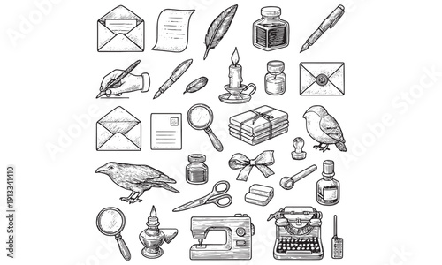 Vintage Writing Stationery Set - Hand Drawn Envelope Pen Ink Sketch Collection