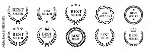 Award laurel wreath best seller icons set. Black badges with stars crowns and leaf frames isolated on white background for labels branding and marketing. Elegant monochrome vector illustration.
