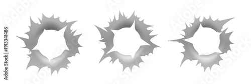 Bullet hole gun mark effects set. Dark impact shapes with torn edges and metallic shading on white background with damage textures. Detailed realistic vector illustration.