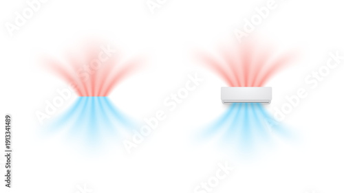Airflow cooling and heating shown as blue and red gradients blending smoothly. Streams create soft motion effect on white background with simple device design. Modern realistic vector illustration.