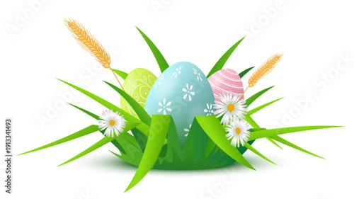 Easter background. Easter eggs among green grass blades with white daisies, golden wheat, pastel shells on white background. Spring festive colorful vector illustration.