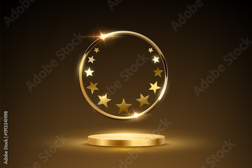 Gold award podium with laurel wreath in glowing round frame on dark background. Luxury template for product presentation, winner ceremony, honors branding. Elegant glamour vector illustration.