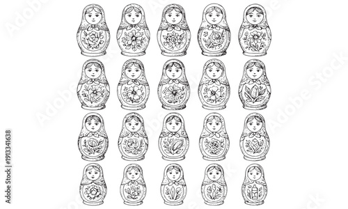 Vintage Russian Matryoshka Nesting Dolls Collection: Hand-Drawn Monochrome Illustration for Design, Print, Packaging