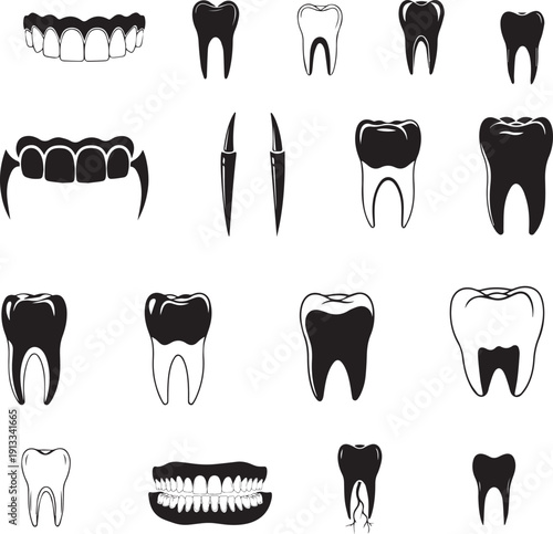 A professional vector set of dental tooth icons and molar symbols featuring clean cartoon illustrations for medical health care, dentistry branding, and human hygiene design