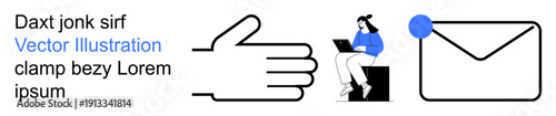 Digital communication, online approval, messaging, email services, human interaction, technology. Hand gesture and envelope icon, woman on laptop. Digital communication and online approval theme