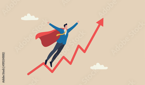 Growth or growing business success, increase sales or career improvement, earn more investment profit earning rising or up trend concept, businessman superhero red fly exponential growth chart