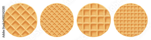 Vector round waffle, cream wafer texture, belgian biscuit. Pattern food Illustration caramel cartoon, stroopwafel belgium cake. Background isolated bite of cute cookie breakfast, circle shape syrup