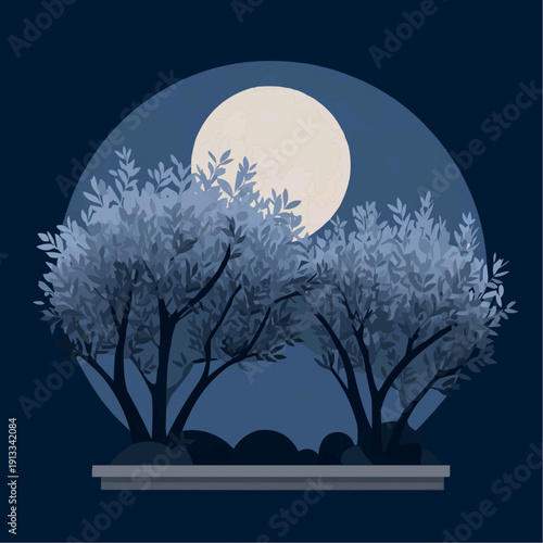 Minimalist garden with olive trees under a full moon, ideal for serene website backgrounds, digital art, or tranquil decor.
