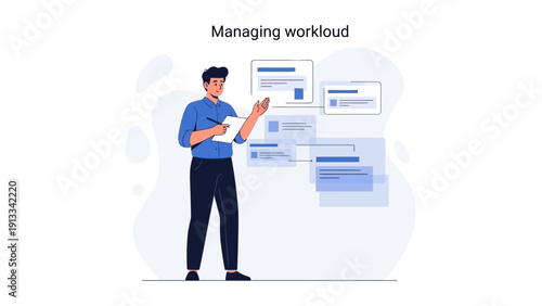 Man managing workload with task cards, planning, organization, business concept