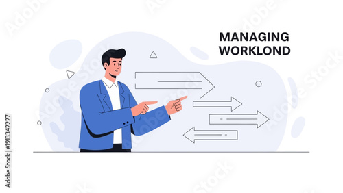 Businessman managing workload with flowchart arrows, planning strategy and workflow