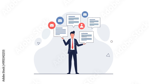 Businessman juggling communication, messages, and tasks with floating speech bubbles