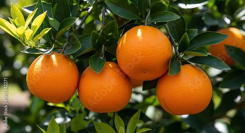 Fresh oranges hanging from a tree branch