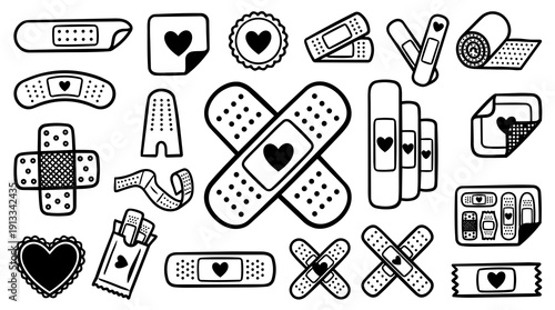 Schilderij op canvas Line art bandage sticker set with crossed plasters and heart emblem close up fla