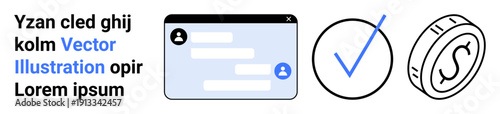 Digital security, online payment, communication, identity verification, transaction confirmation, messaging apps. Chat window, checkmark coin icon. Digital security and online payment concepts