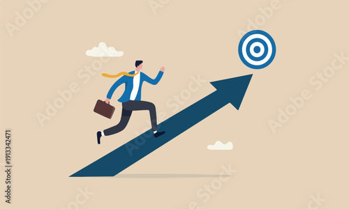 Progress goal reaching business target, motivation or challenge to achieve success, career growth or improvement concept, ambitious businessman running on growth arrow path to target bullseye