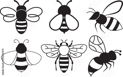 Bee Collection in Art: Illustrative artwork showcases a diverse array of bee illustrations, captured in striking monochromatic detail.