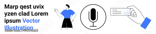 Communication, audio recording, identity verification, storytelling, broadcasting, personal branding. Illustrated man gesturing, microphone symbol hand with ID card. Communication and audio