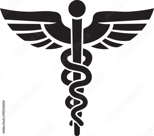 Medical Caduceus Symbol: A striking black and white depiction of the caduceus, a timeless symbol representing medicine and health, set against a pristine backdrop.