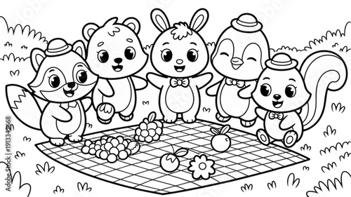 Cartoon squirrels and bunny playing games isolated on transparent background.