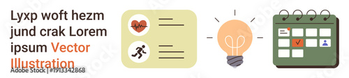 Fitness tracking, innovation, time management, productivity, planning, healthy living. Health data with icons, lightbulb and a calendar with a marked date. Fitness tracking and innovation concepts