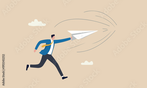 Start new business entrepreneurship, creativity and inspiration to achieve business success concept, ambitious businessman running about to throwing to launch big paper airplane origami