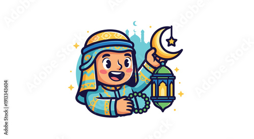 Cartoon Muslim Girl Holding Lantern and Crescent Moon.