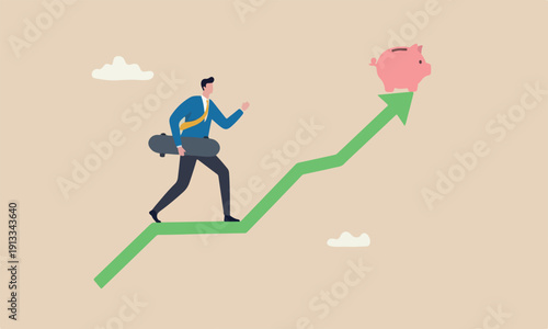 Growth modern,pink bank flat design with clean lines and minimal shading career development or financial profit earning, businessman with skateboard prepare to run on growth rising graph.