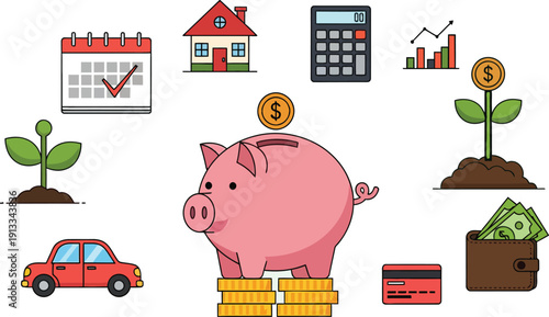 Financial planning icons including a house calendar and piggy bank
