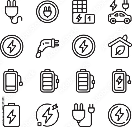 Charging Line Icons set. Containing battery, energy, charger, and more. Editable stroke. Vector illustration