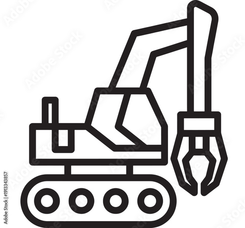 Excavator icon in bold outline style showing tracked construction digger with hydraulic arm and claw grab, isolated on white for industrial machinery signage