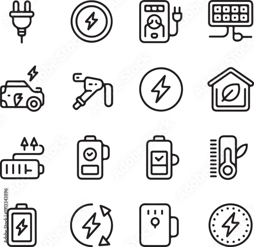 Charging line icon set. charge, transport, battery, load, energy, power, plug, electricity, charger, recharge, ev and more.