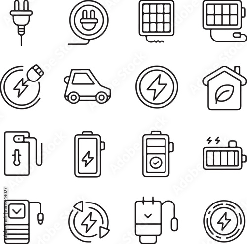 Line icons about battery charging. Contains such icons as charger, ev charger station, power bank and more.