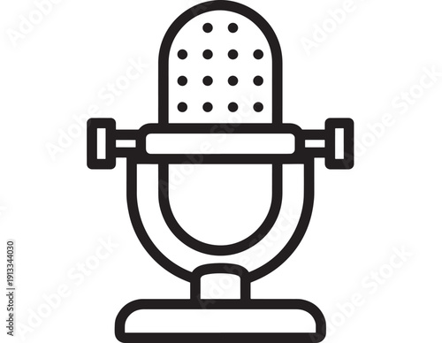 Microphone icon in bold black outline, vintage studio mic symbol for podcasting, radio broadcasting, voice recording, audio equipment, and streaming apps on white