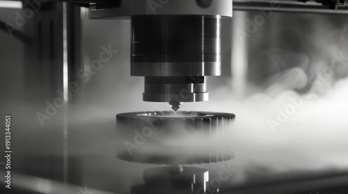 Precise industrial nozzle extrudes a metal gear component surrounded by thick white vapor in a dark monochrome studio. Concept of advanced engineering, innovation, and futuristic manufacturing