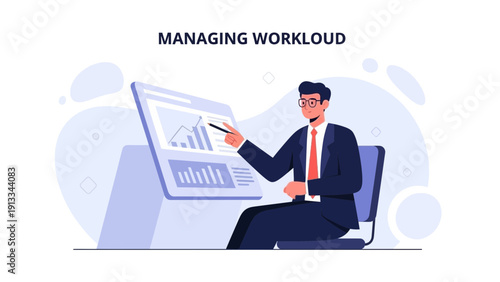 Businessman analyzing charts on digital screen, managing workload concept