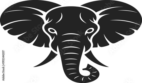 African Elephant Head Silhouette with Large Ears and Tusks, Black Wildlife Vector Illustration for Safari Mascot, Tribal Logo, and Nature Conservation Designs