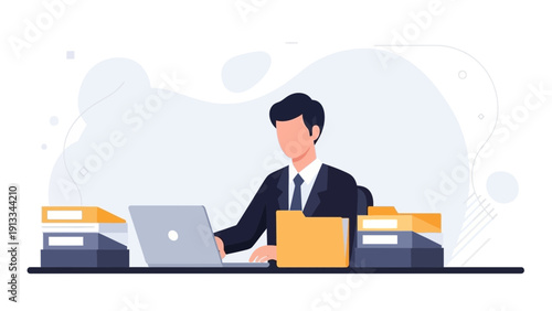 Businessman working on laptop with paperwork and files on desk, office concept