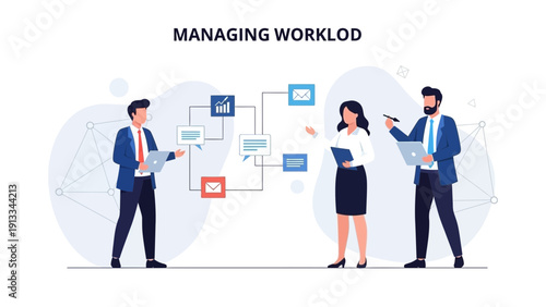 Business Team Managing Workload with Digital Tools and Flowcharts
