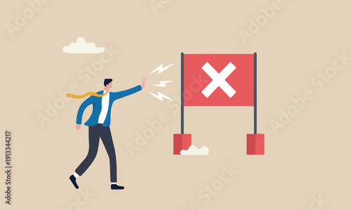 Rejection dispute, stop symbol, employment decision, businessman hand with reject gesture telling refuse candidate