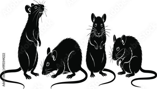 Black Rat and Mouse Silhouette Collection with Standing and Crying Poses, Rodent Vector Illustration for Pest Control, Laboratory Science, and Nature Design Projects