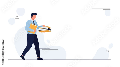 Businessman carrying stack of folders and books, walking, office work, modern illustration