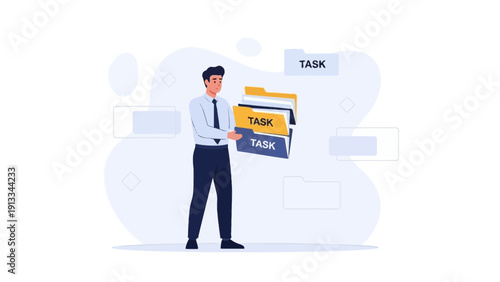 Businessman holding stack of folders labeled 'Task', representing workload and organization