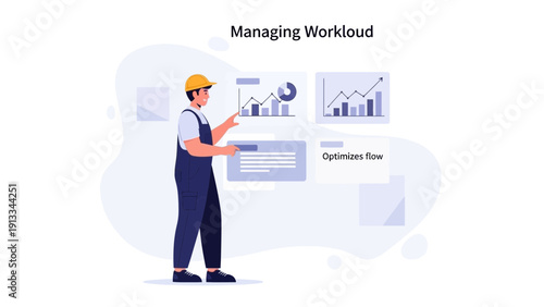 Construction Worker Managing Workload with Data Analytics and Charts