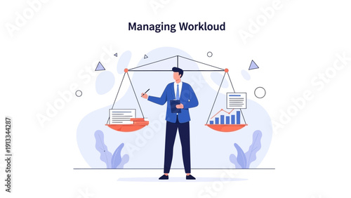 Businessman balancing workload on scales, business strategy and planning