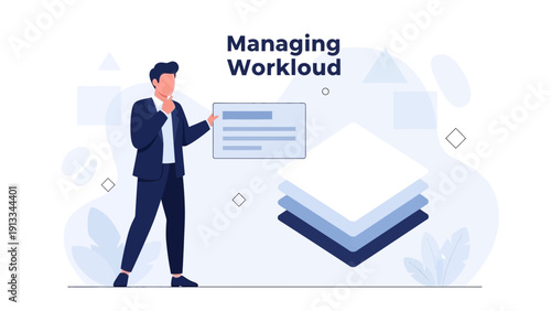 Businessman Managing Workload with Digital Interface and Stacked Layers Concept